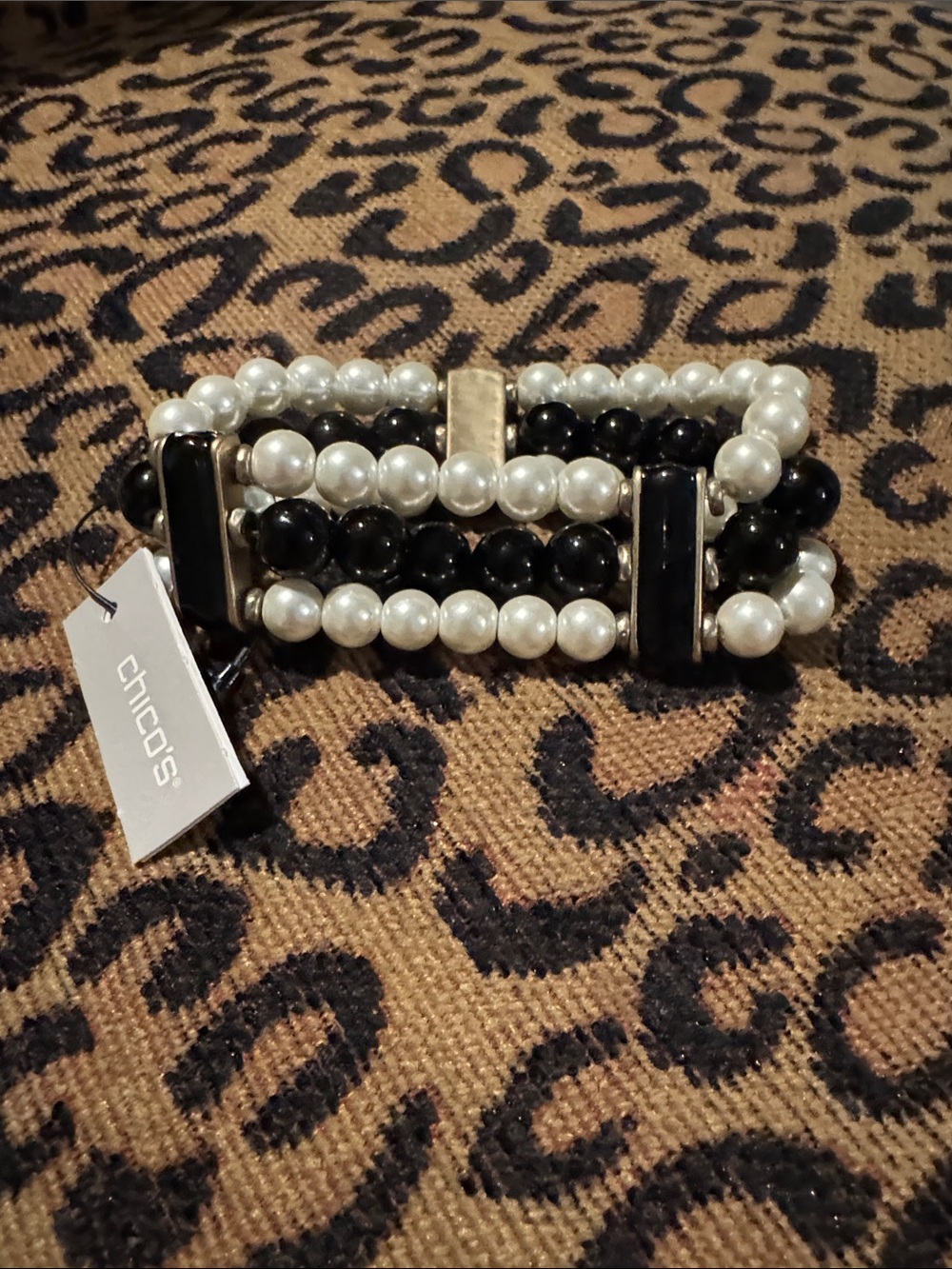 Chico's Black and White Beaded Stretch Bracelet with Gold Accents - NWT